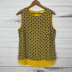 Rose‎ & Olive Womens Sleeveless Blouse Yellow Navy Blue All Over Print Size S